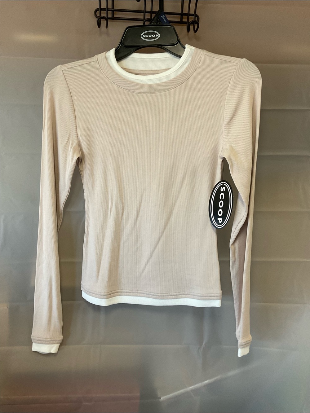 Scoop Women's Long-Sleeve Layered Crewneck Top - Beige with White Trim